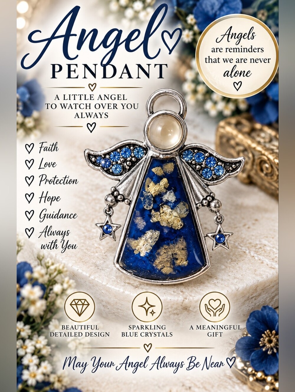 602 Angel Brooch Pin with Blue and Gold Accent Crystals